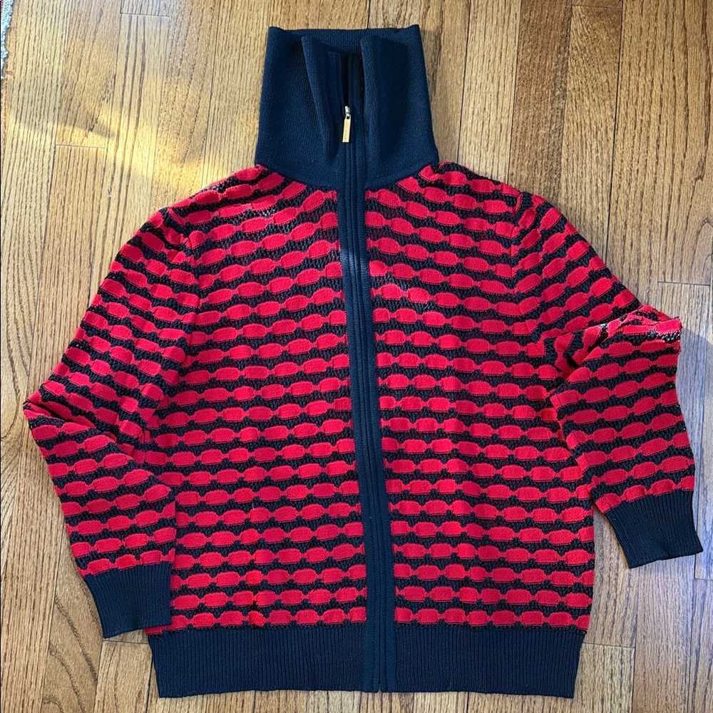 St. John Red and Black Patterned Zip-Up Sweater